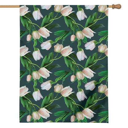 White Tulip Pattern Print House Flag