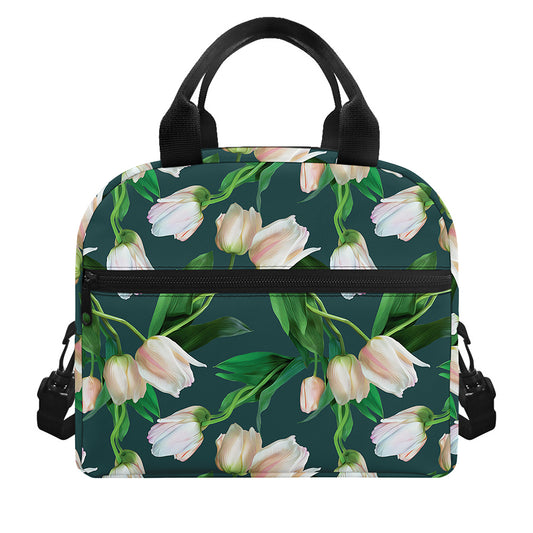 White Tulip Pattern Print Insulated Lunch Bag