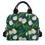 White Tulip Pattern Print Insulated Lunch Bag