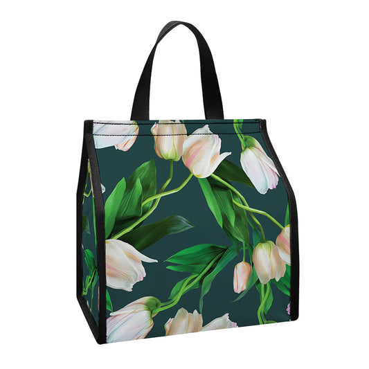 White Tulip Pattern Print Insulated Lunch Tote