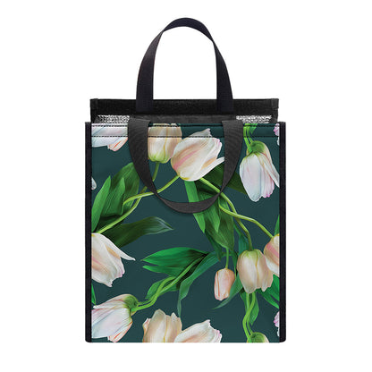 White Tulip Pattern Print Insulated Lunch Tote