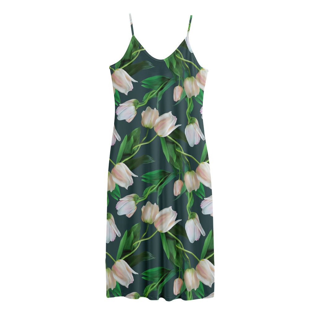 White Tulip Pattern Print Jersey Midi Cami Dress