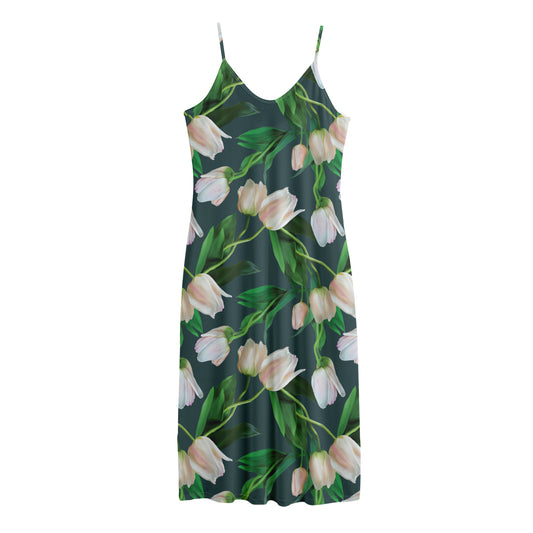 White Tulip Pattern Print Jersey Midi Cami Dress