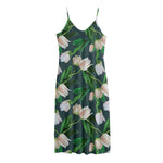 White Tulip Pattern Print Jersey Midi Cami Dress