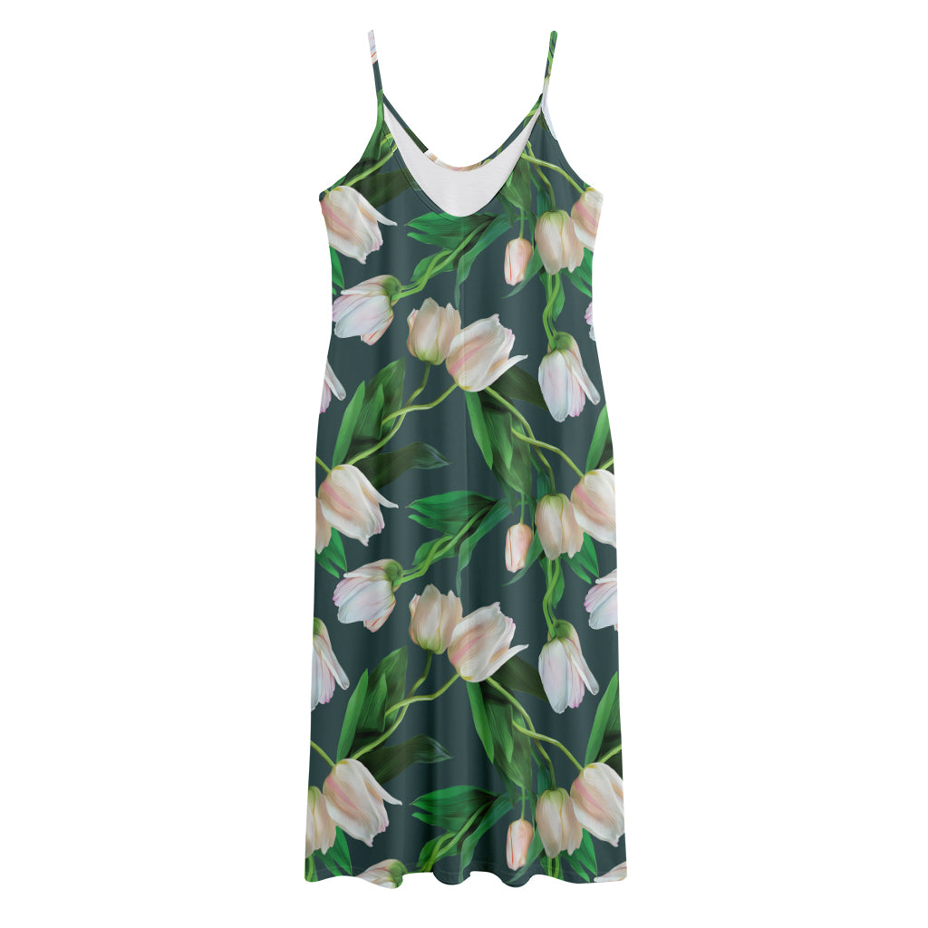White Tulip Pattern Print Jersey Midi Cami Dress