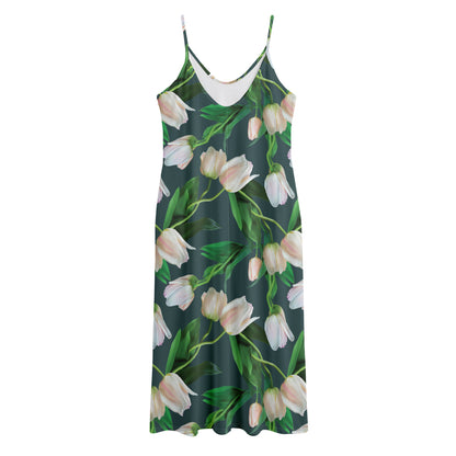 White Tulip Pattern Print Jersey Midi Cami Dress