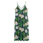 White Tulip Pattern Print Jersey Midi Cami Dress