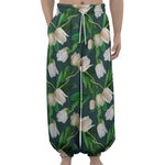 White Tulip Pattern Print Lantern Pants