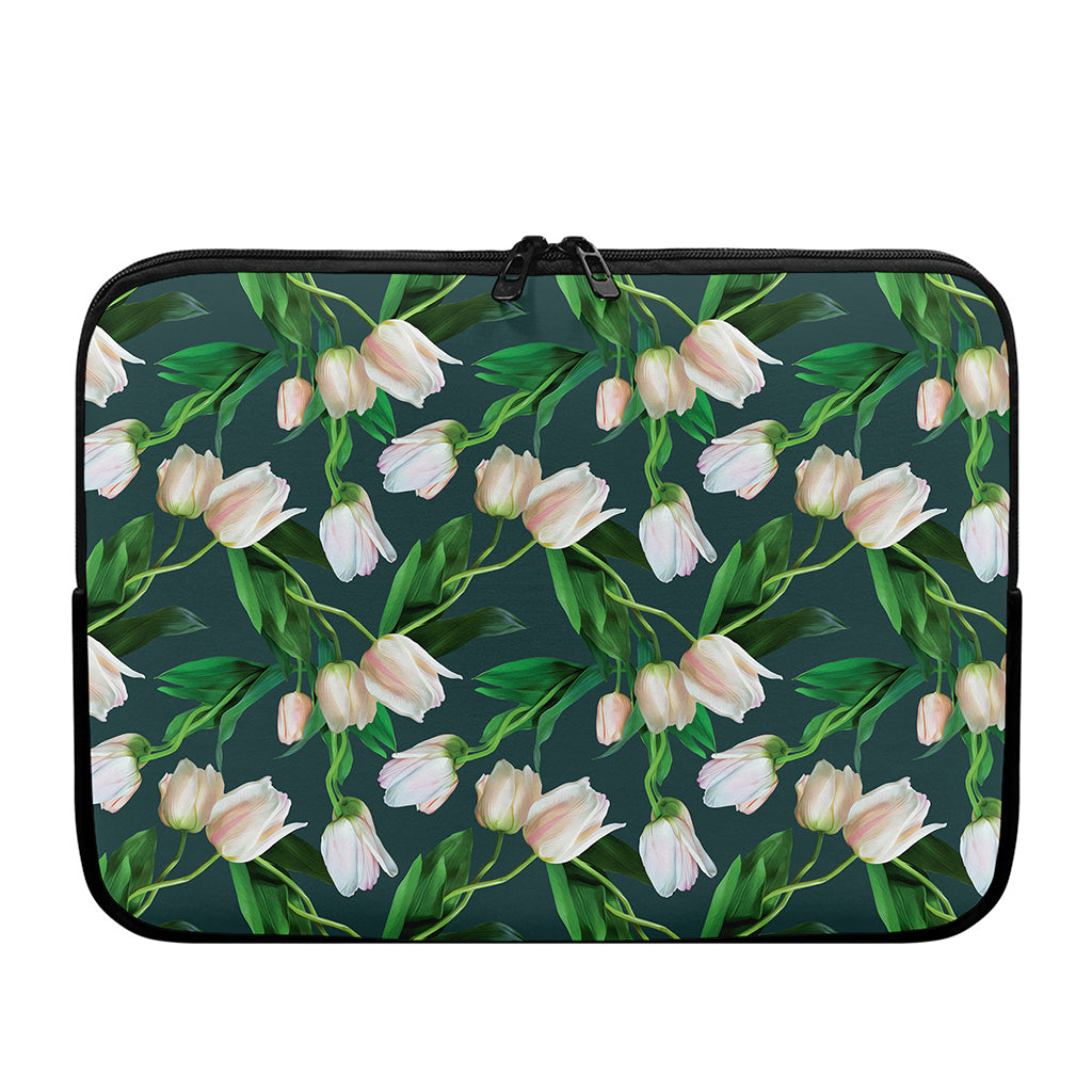 White Tulip Pattern Print Laptop Sleeve