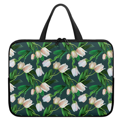 White Tulip Pattern Print Laptop Sleeve With Handle