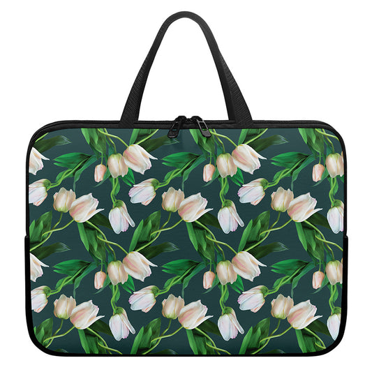 White Tulip Pattern Print Laptop Sleeve With Handle