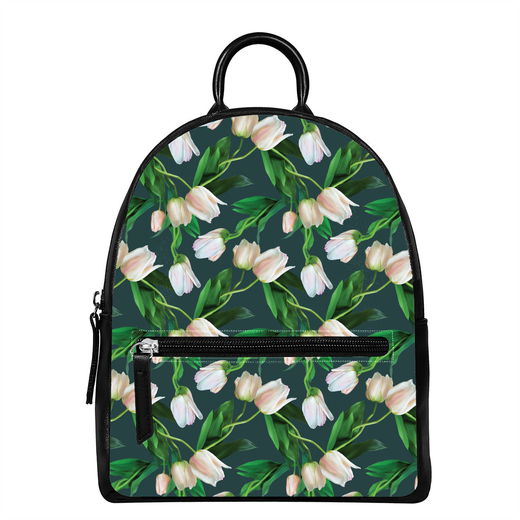White Tulip Pattern Print Leather Backpack