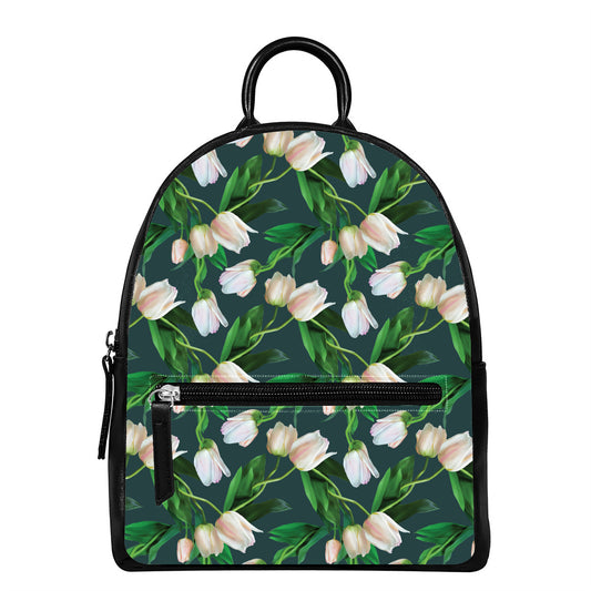 White Tulip Pattern Print Leather Backpack