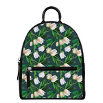 White Tulip Pattern Print Leather Backpack