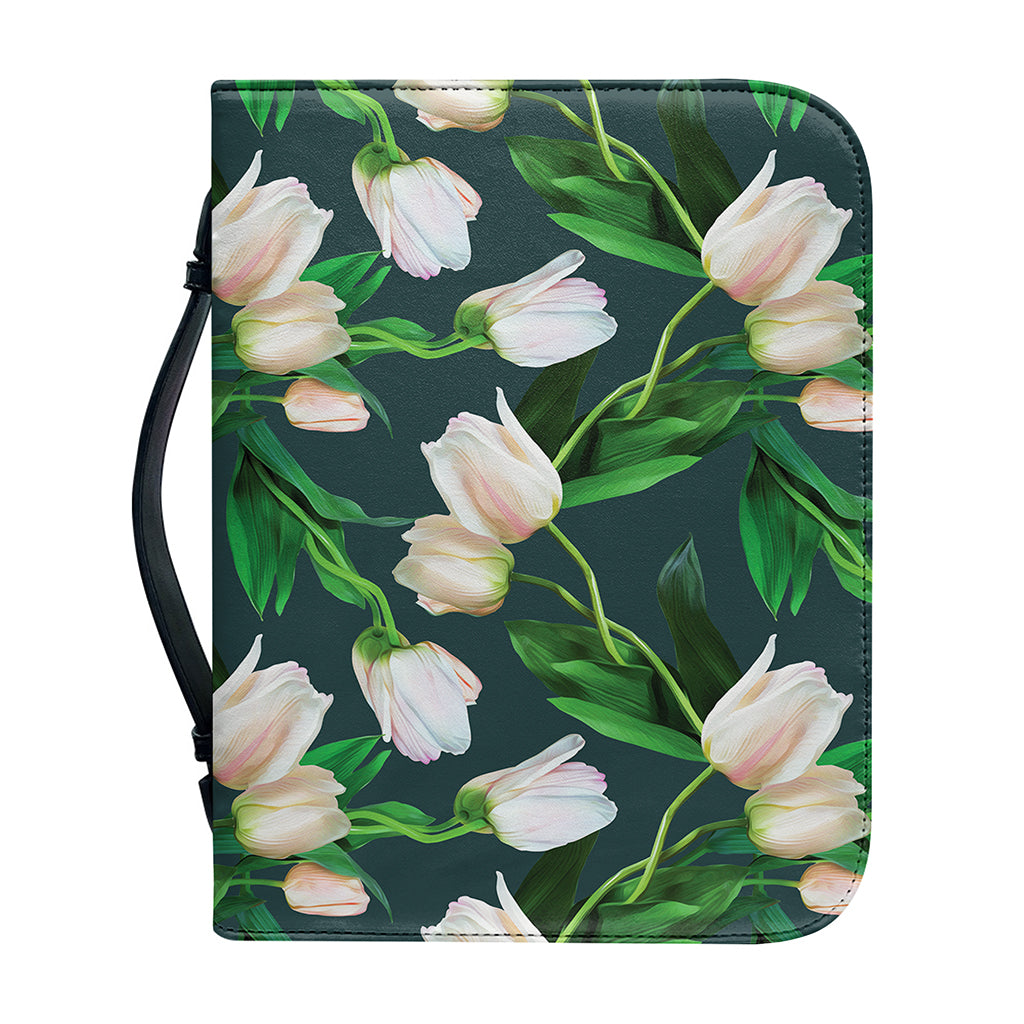 White Tulip Pattern Print Leather Bible Cover