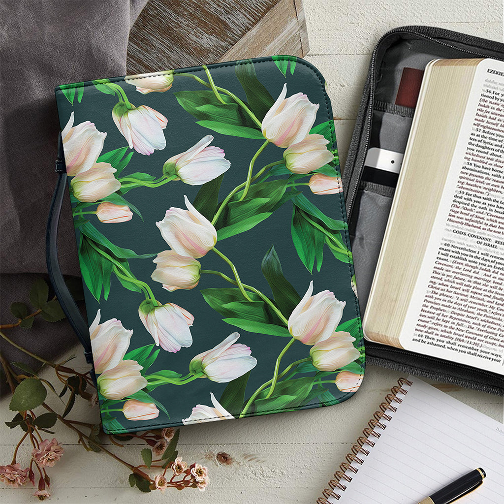 White Tulip Pattern Print Leather Bible Cover