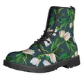White Tulip Pattern Print Lace-Up Boots