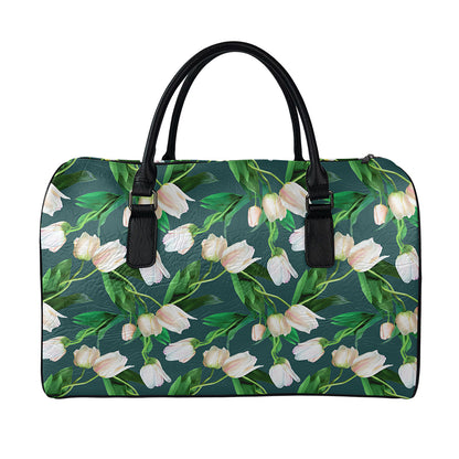 White Tulip Pattern Print Leather Duffle Bag