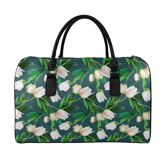 White Tulip Pattern Print Leather Duffle Bag