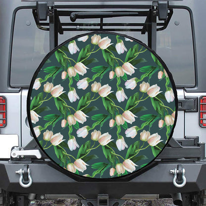 White Tulip Pattern Print Leather Spare Tire Cover