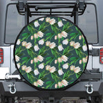 White Tulip Pattern Print Leather Spare Tire Cover
