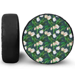 White Tulip Pattern Print Leather Spare Tire Cover