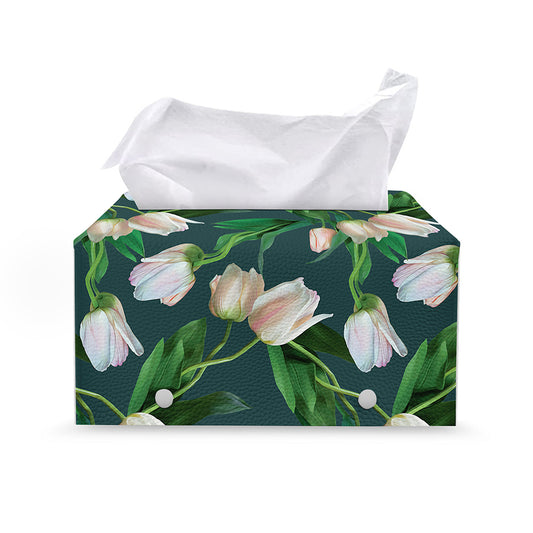 White Tulip Pattern Print Leather Tissue Box Cover