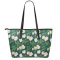 White Tulip Pattern Print Leather Tote Bag With Zipper