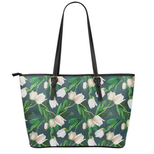 White Tulip Pattern Print Leather Tote Bag