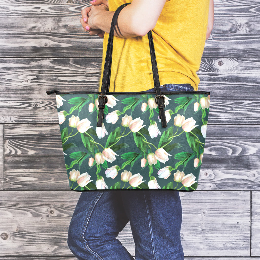 White Tulip Pattern Print Leather Tote Bag