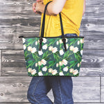 White Tulip Pattern Print Leather Tote Bag