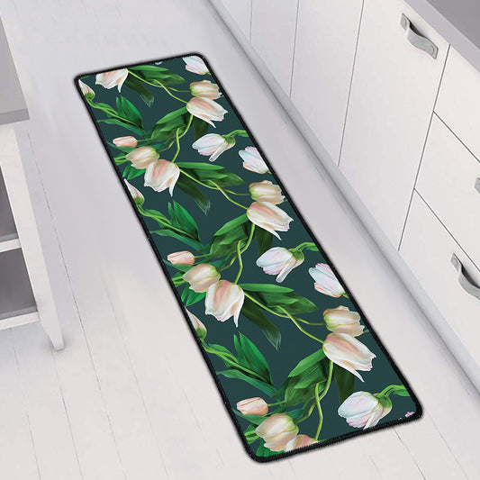 White Tulip Pattern Print Long Kitchen Mat
