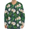 White Tulip Pattern Print Long Sleeve Baseball Jersey