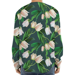 White Tulip Pattern Print Long Sleeve Baseball Jersey