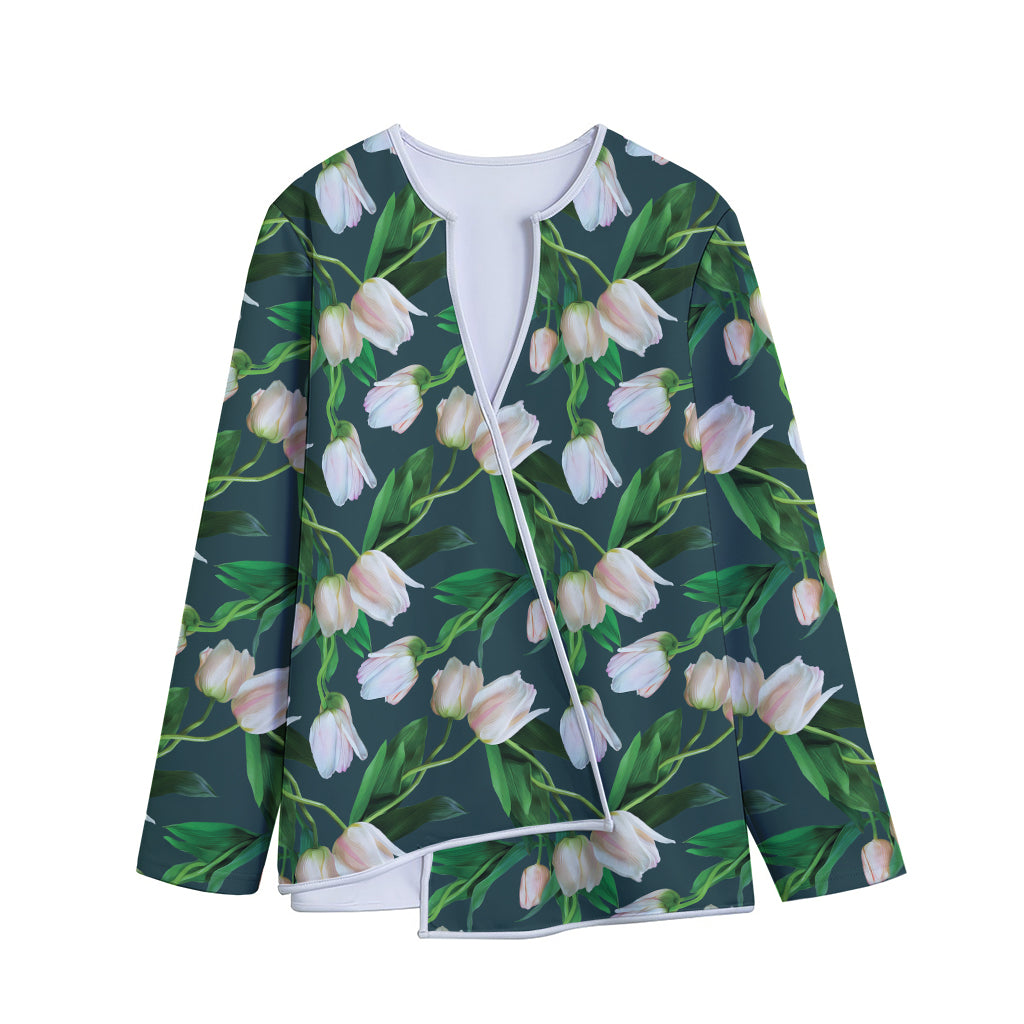 White Tulip Pattern Print Long Sleeve Short Coat