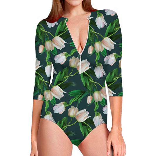 White Tulip Pattern Print Long Sleeve Swimsuit