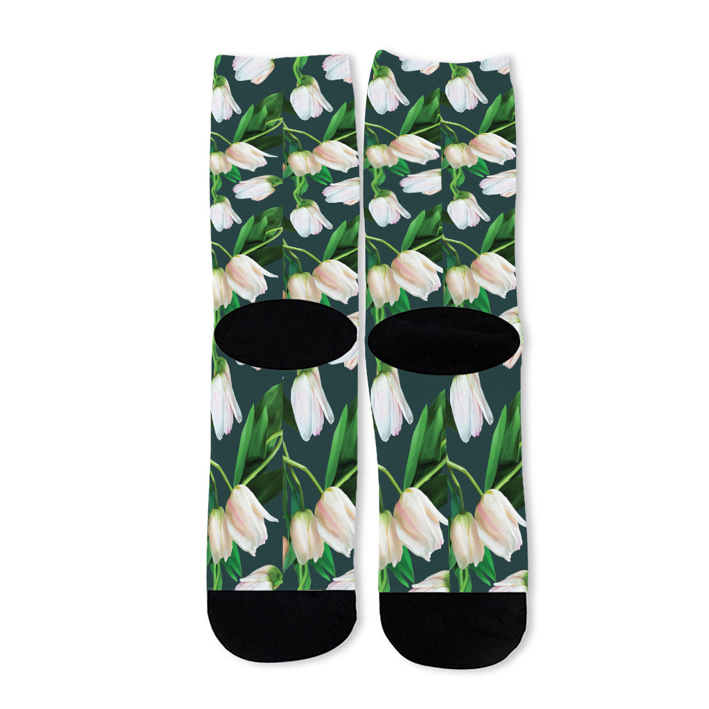 White Tulip Pattern Print Long Socks