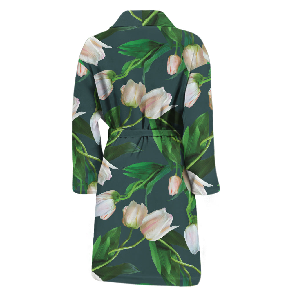 White Tulip Pattern Print Men's Bathrobe