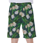 White Tulip Pattern Print Men's Beach Shorts