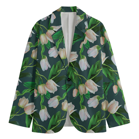 White Tulip Pattern Print Men's Blazer