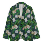 White Tulip Pattern Print Men's Blazer