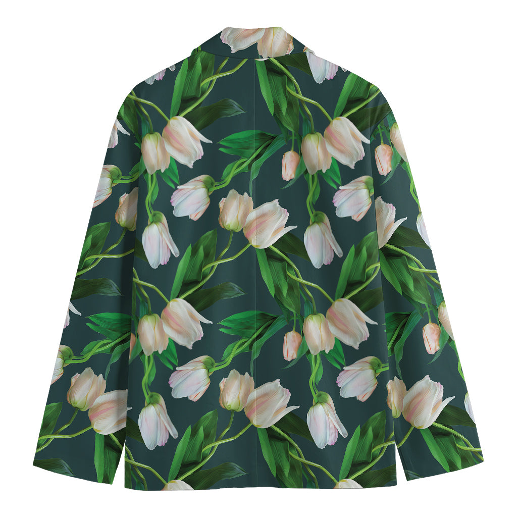 White Tulip Pattern Print Men's Blazer