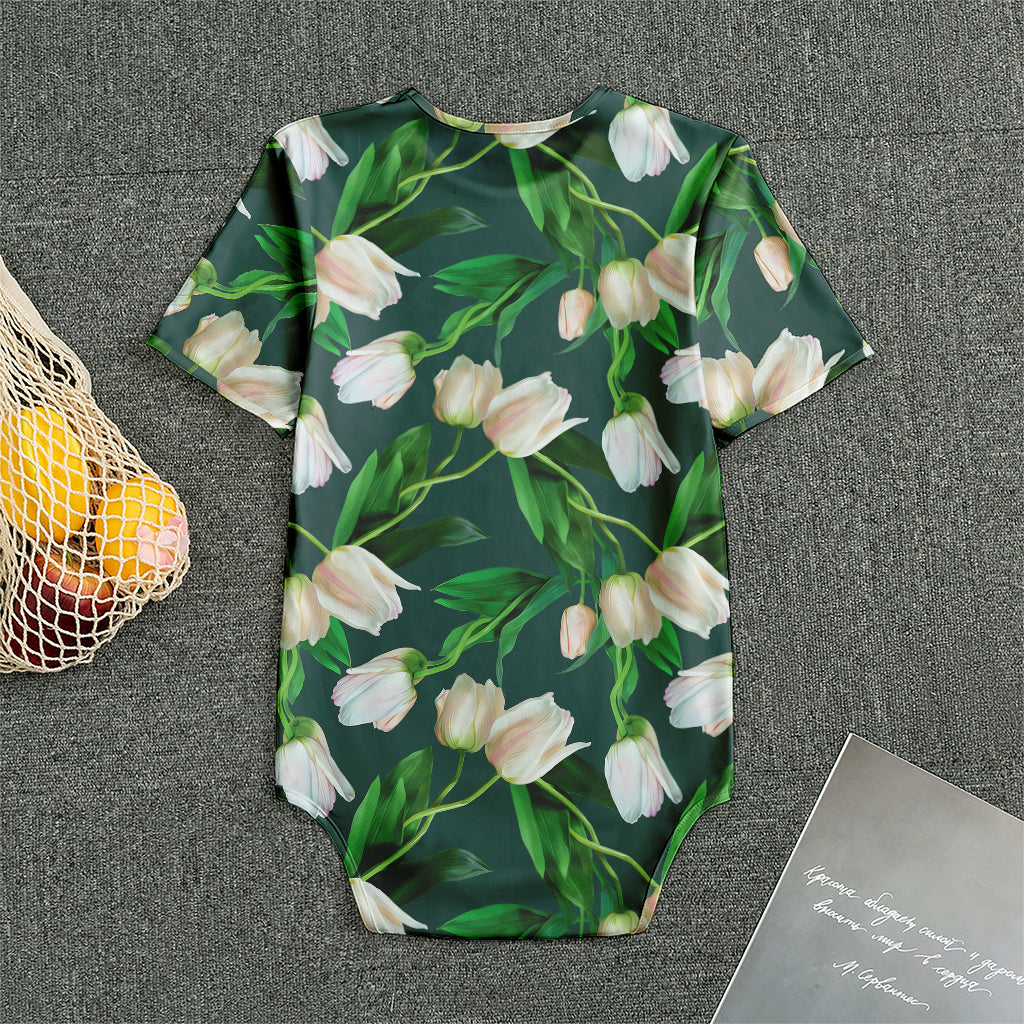 White Tulip Pattern Print Men's Bodysuit
