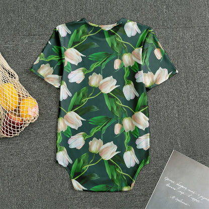 White Tulip Pattern Print Men's Bodysuit