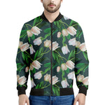 White Tulip Pattern Print Men's Bomber Jacket