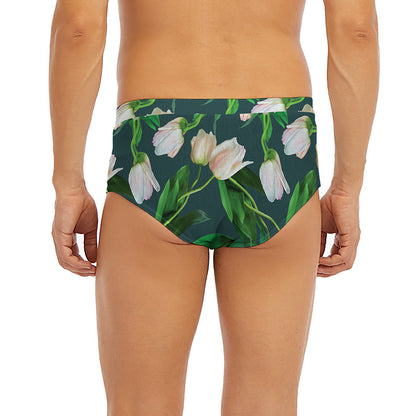 White Tulip Pattern Print Men's Briefs