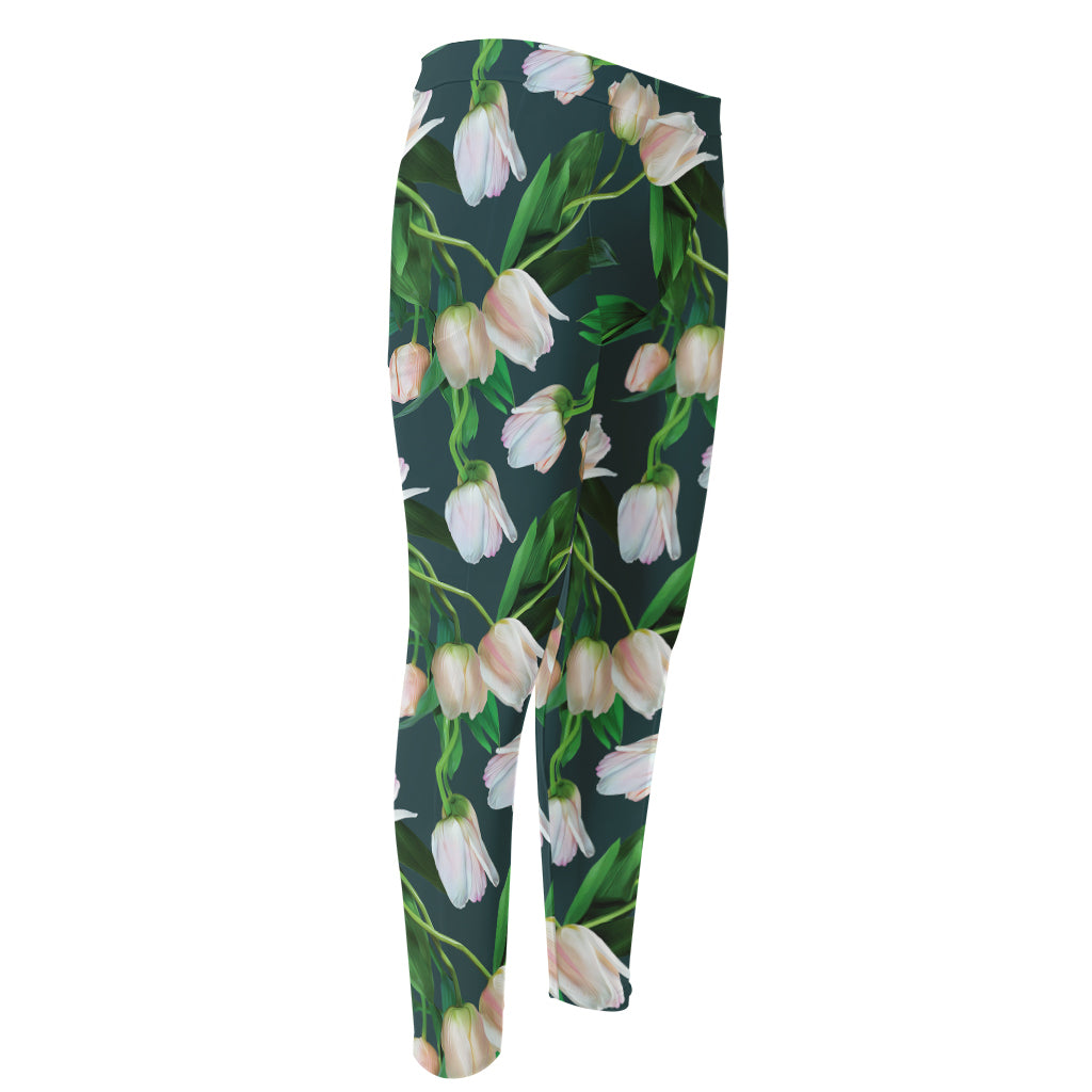 White Tulip Pattern Print Men's Compression Pants
