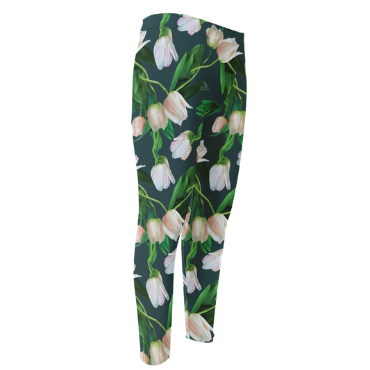 White Tulip Pattern Print Men's Compression Pants