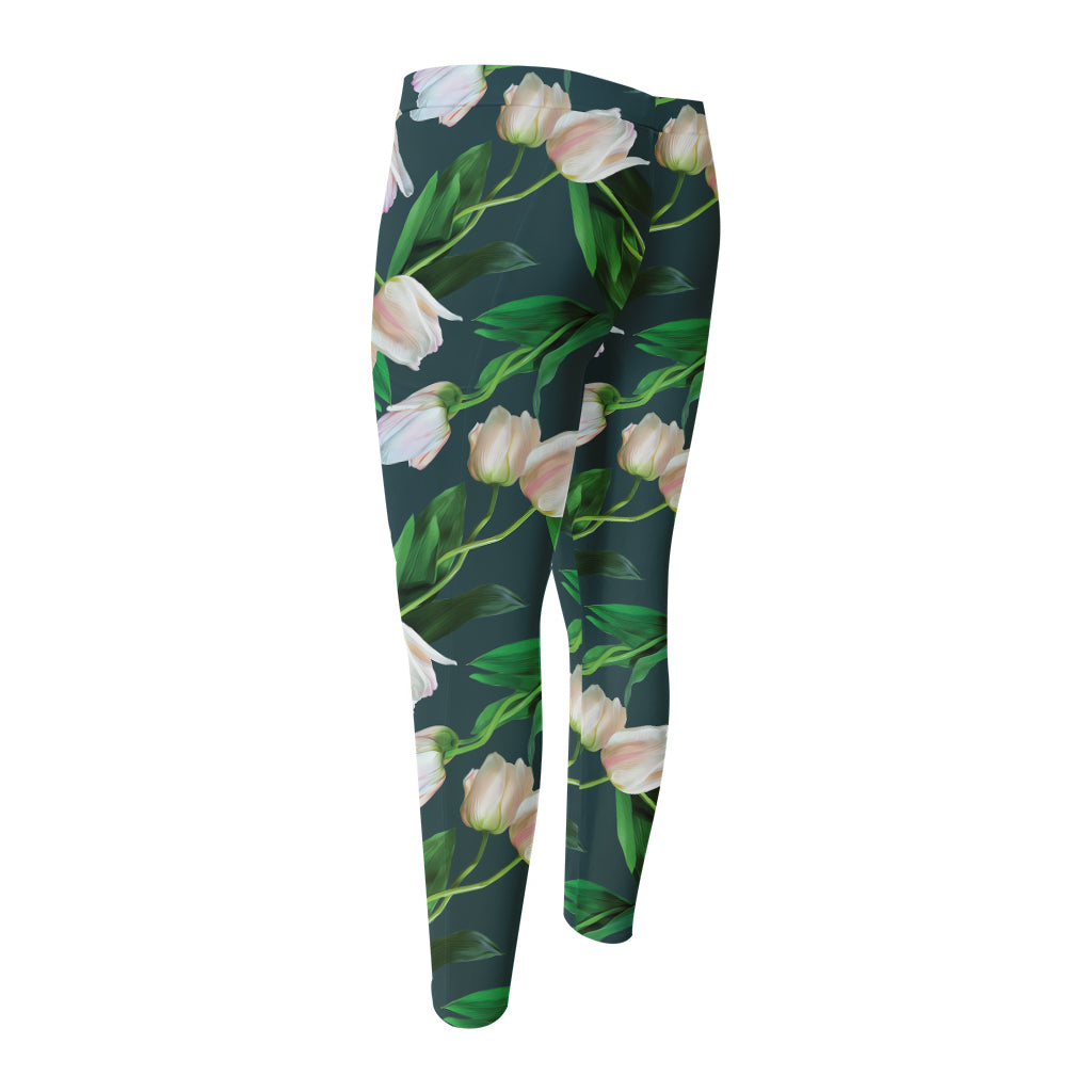 White Tulip Pattern Print Men's Compression Pants