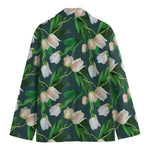 White Tulip Pattern Print Men's Cotton Blazer